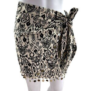 Midnight Sky NWT Women M Boho Beige Black Wrap Skirt Coin Dangles Costal Cowgirl
